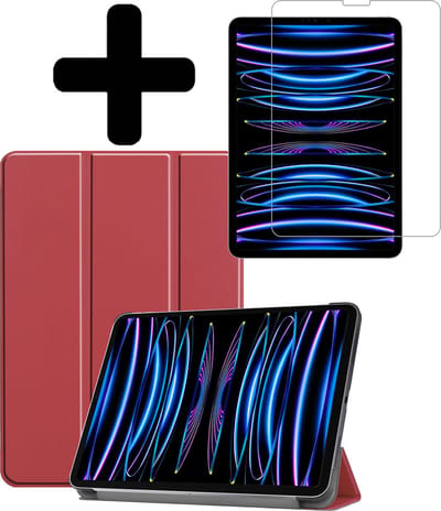 Hoes - Geschikt voor Apple iPad Pro (2022) - 11 inch - 4e generatie - Met Screenprotector - Trifold Bookcase - Hard Cover - Hardcover Book Case - Tablet Hoesje - Donkerrood