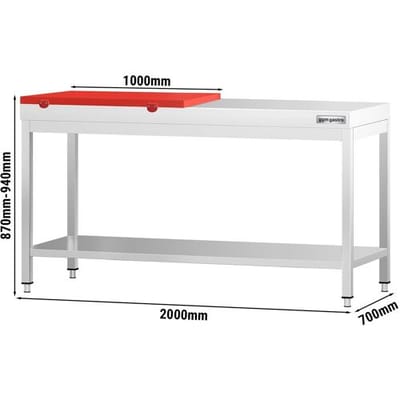 GGM Gastro Edelstahl Arbeitstisch PREMIUM - 2000x700mm - mit Grundboden - inkl. 1/2 Schneideplatte Rot