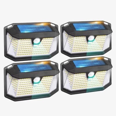 SKYLANTERN® Buitenlamp op zonne-energie met bewegingsmelder, 4 stuks, wandlamp voor buiten, spot, 202 leds, hoog vermogen, 600 lumen, zonnelamp voor buiten, bewegingsmelder, 3 modi