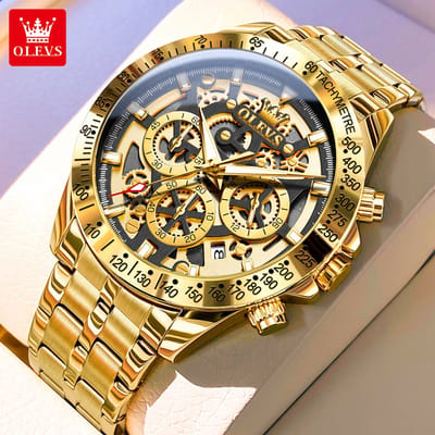 HO-9913.zw : OLEVS goudlkl edelstaal chronografisch quartz horloge, zwarte wijzerplaat skeleton-look, tachymeter, kalenderdag