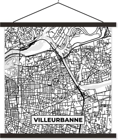 Posterhanger incl. Poster 60x60 cm - Schoolplaat - Frankrijk Villeurbanne - Stadskaart - Plattegrond - Kaart - Zwart wit - Textielposter - Zwarte latten - Stadskaart