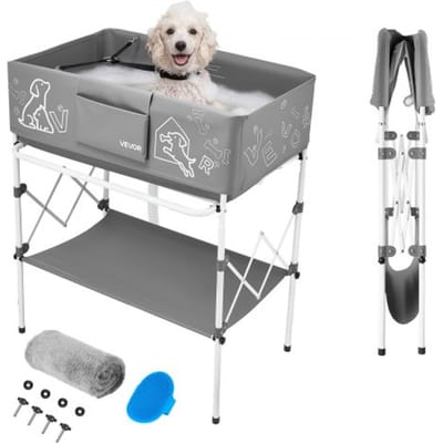 VEVOR 100L hondenbad, verhoogd dierenbad met metalen frame, dierenbad met afvoer, opbergplank, zijvak, opvouwbaar wasbad voor het verzorgen en wassen van kleine en middelgrote huisdieren, grijs