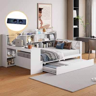 DESMIU Multifunctioneel Bed 90x200cm Zonder Matras – Uitschuifbaar Logeerbed Met Bureau, Planken En Opbergruimte – Massief Hout – Wit