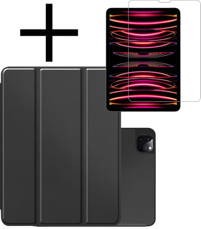 Hoes - Geschikt voor Apple iPad Pro (2022) - 12.9 inch - Met Screenprotector - Trifold Bookcase - Hard Cover Case - Met Uitsparing Geschikt voor Apple Pencil - Hardcover Book - Tablet Hoesje - Zwart