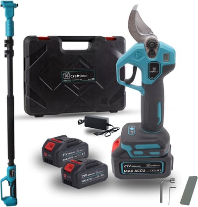 CraftRoot Elektrische Snoeischaar Incl. Opbergkoffer + Telescopische Verlengstok – tot 270cm Bereik en 2X 4.0Ah Accu’s- Professionele Draadloze Heggenschaar - 32mm Snijdiameter - Elektrische Takkenschaar - Tuin Snoei Schaar voor Heggen & Takken