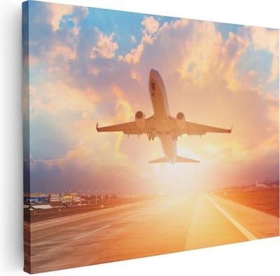 Artaza Canvas Schilderij Zonsondergang - 40x30 cm - Klein - Wanddecoratie Vliegtuig - Muurdecoratie Woonkamer - Kamer Accessoires