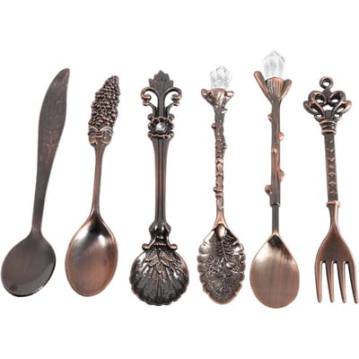6 Pièces/Ensemble Rétro Style Royal Métal Mini Cuillères à Café et Fourchette Cuisine Accessoires à Fruits Doré gray