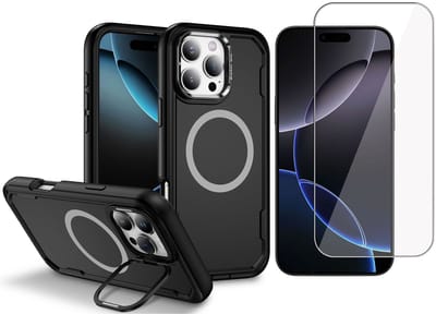 Hoesje met Kickstand + Screenprotector geschikt voor iPhone 16 Pro – Geschikt voor MagSafe - Extra Sterk - Military Grade – Draadloos Opladen – Zwart