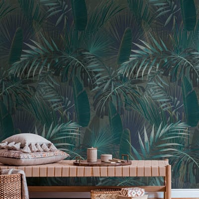 Fotobehang Profhome 391803-GU vliesbehang hardvinyl warmdruk in reliëf glad in jungle stijl mat blauw petrol blauwgroen olijfbruin 1,59 m x 2,8 m