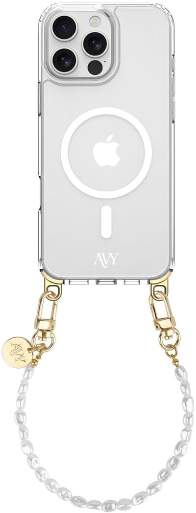 AVY Hoesje geschikt voor Apple iPhone 16 Pro Max | Compatibel met MagSafe | Clear Case met Telefoonkoord 30CM | Polsband Perla Chic