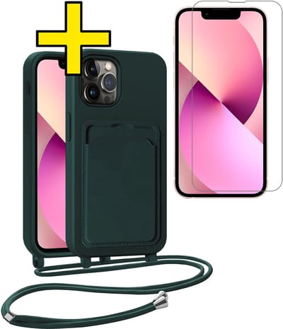 Hoesje Geschikt voor iPhone 13 Pro Telefoonhoesje Met Koord Case Pashouder Met Screenprotector Siliconen - Hoes Geschikt voor iPhone 13 Pro Hoesje Met Kaarthouder - Donkergroen