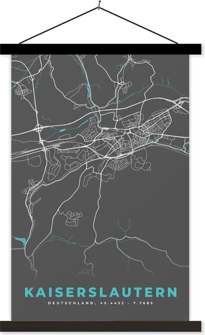 Posterhanger incl. Poster 60x90 cm - Schoolplaat - Plattegrond – Kaiserslautern – Blauw – Stadskaart – Kaart - Duitsland - Textielposter - Zwarte latten - Stadskaart