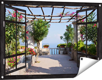 Gards Tuinposter Doorkijk Terras - 90x60 cm - Tuindoek - Tuindecoratie - Wanddecoratie buiten - Tuinschilderij