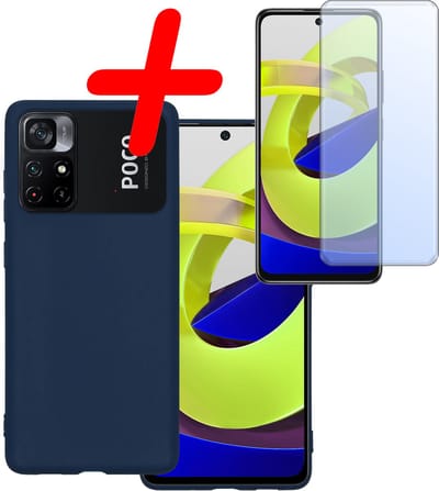 Hoesje Met Screenprotector - Geschikt voor Xiaomi Poco M4 Pro 5G - Sterk & Shockproof - Back Cover - Siliconen Case - Telefoon Hoes - Donkerblauw