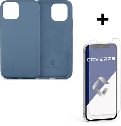 Coverzs Luxe Liquid Silicone case geschikt voor Apple iPhone 12 / 12 Pro - beschermhoes - siliconen backcover - optimale bescherming - lichtblauw + glazen Screen Protector