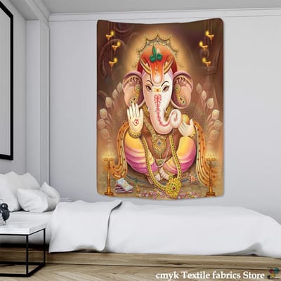 Boeddhistisch Olifant Wandtapijt Wandhanger Boheems Thaise Stijl Kleurrijk Tafelkleed Print Kunst Decoratie van Woonkamer 95x70CM beige
