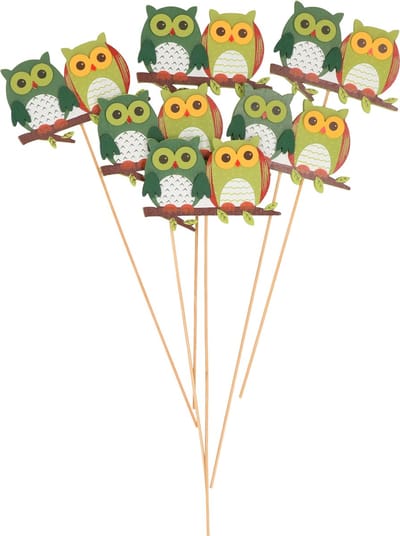 6x Kerststukje onderdelen stekers met groene uilen 8,5 cm - Kerststukje maken onderdelen