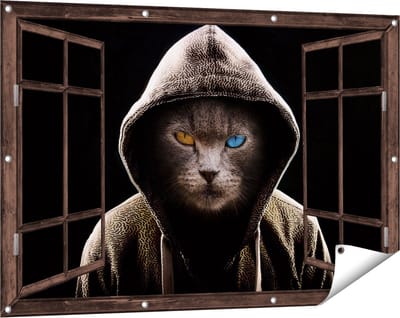 Gards Tuinposter Doorkijk Boze Kat Draagt een Hoodie - 120x80 cm - Tuindoek - Tuindecoratie - Wanddecoratie buiten - Tuinschilderij