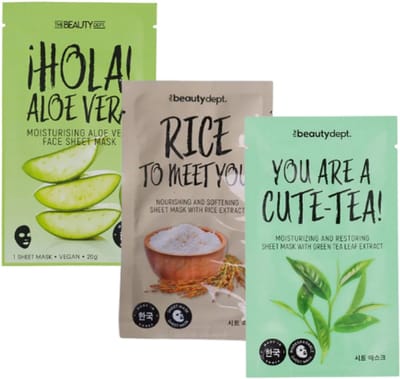 The Beauty Dept. Sheet mask - Koreaanse Gezichtsmasker - Set van 3 | 3x 20ml - Aloe Vera - Rijst - Groene Thee | Korean Beauty Sheetmask - Hydraterend - Verzachtend - Herstellend