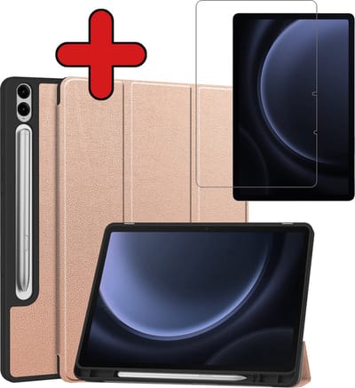 Hoesje - Geschikt voor Samsung Galaxy Tab S9 FE Plus - Met Screenprotector - Trifold Bookcase Hoes - Hard Cover Case - Met Uitsparing Geschikt voor S Pen - Hardcover Book - Tablethoes - Rosé goud