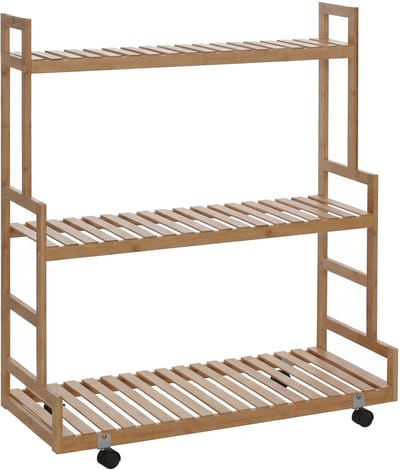 Bamboe plantenrek MCW-Q33, bloemenladder bloemenstandaard plantenladder, 3 planken wieltjes 105x90x38cm ~ naturel
