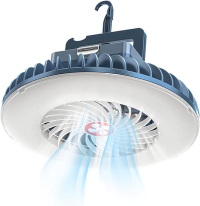 Kampeerfan - LED Campinglamp - Draagbare Ventilator Lamp - USB - Tentkoeling - Campingverlichting - Outdoor kampeeraccessoires - Plafondventilator met verlichting - Geschikt voor buitenactiviteiten, kamperen, kantoor en andere gelegenheden - Blauw
