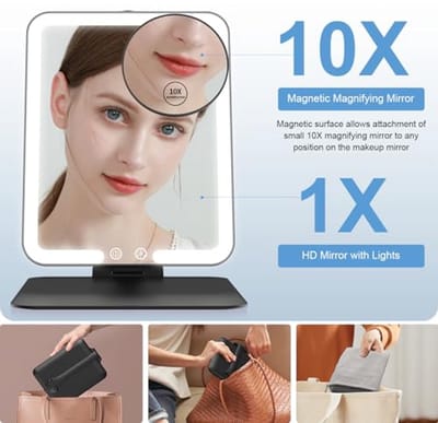 Draagbare make-up spiegel met verlichting en 10X vergroting - Compacte tafelblad spiegel met verstelbare standaard en 3 kleuren LED lichten