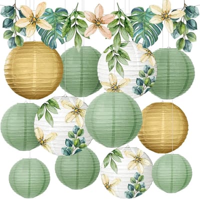JGS Premium - Papieren lantaarn voor tuinfeest decoratie - 13 stuks geschikt voor communie, jeugdwijding, eucalyptus en babyshower