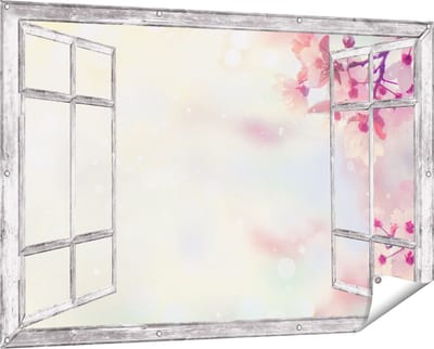 Gards Tuinposter Doorkijk Roze Bloesemboom met Zonneschijn - 150x100 cm - Tuindoek - Tuindecoratie - Wanddecoratie buiten - Tuinschilderij