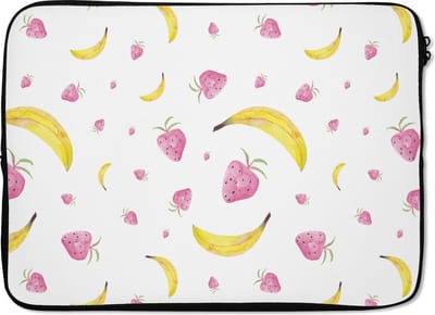 Laptophoes 13 inch - Banaan - Aardbei - Design - Laptop sleeve - Binnenmaat 32x22,5 cm - Zwarte achterkant