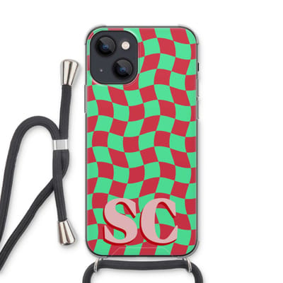 Gepersonaliseerd - Case Company® - Hoesje met koord geschikt voor iPhone 13 hoesje met Koord - Grid Monogram - Telefoonhoesje met Zwart Koord - Extra Bescherming aan alle Kanten en Over de Schermrand