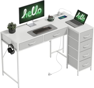Wit hoekbureau met lades - Ingebouwde stopcontacten en haken - Ideaal voor werken en gamen - Omkeerbaar hoekbureau 126x48 cm - Wit