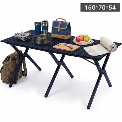 Meedeer Inklapbaar Campingtafel-Opvouwbare Campingtafel-Kampeertafel-koolstofstaal-150x70x54cm-Verstelbaar 4-6 personen voor tuin buiten picknick BBQ achtertuin - (kleur: Zwart)