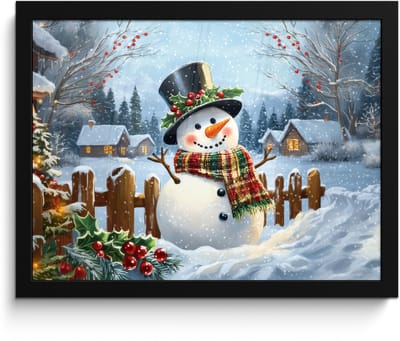 Poster in lijst - Fotolijst 40x30 cm - Posters - Sneeuwpop - Winterdorp - Kleurrijk - Posterlijst zwart - Decoratie - Wanddecoratie woonkamer - Muurdecoratie slaapkamer