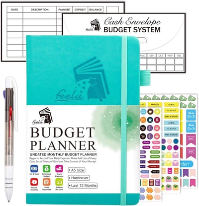Ongedateerde budget planner 2020 A5 turquoise - maandelijkse bill organizer hardcover financieel journal laatste 12 maanden