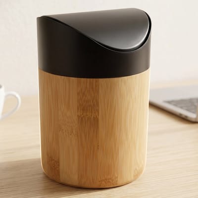 Cheqo® Tafelafvalbak - Mini Prullenbak - Afvalbak van Bamboe - Prullenbak met Klapdeksel - Bureau Prullenbak - Tafelprullenbak - Aanrecht Prullenbak - Kleine Afvalbak - Vuilnisbak - Kantoor Prullenbak - Badkamer Prullenbak - Zwart