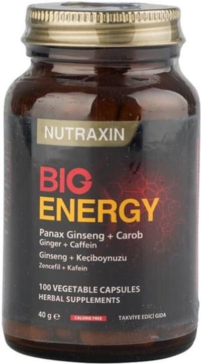 ​Nutraxin Big Energy - 60 Capsules - Energie Supplement met Panax Ginseng, Cafeïne, Gember & Johannesbrood - Glutenvrij & Sojavrij
