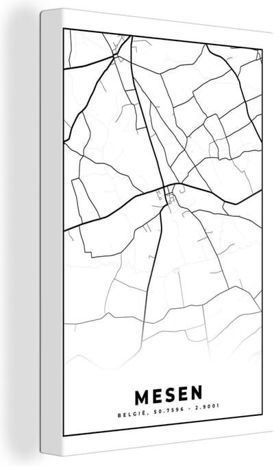Canvas Schilderij Stadskaart – Plattegrond – België – Zwart Wit – Mesen – Kaart - 20x30 cm - Wanddecoratie