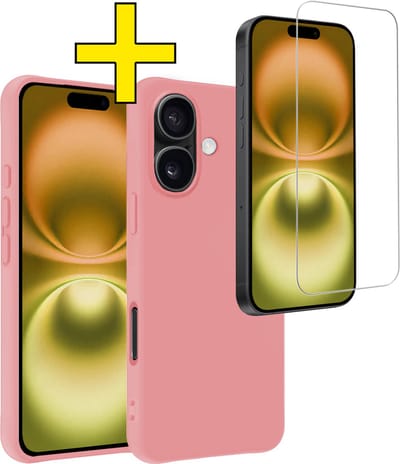 Hoesje - Met Screenprotector - Geschikt voor Apple iPhone 16 - Sterk & Shockproof - Back Cover - Siliconen Case - Telefoon Hoes - Telefoonhoesjes - Lichtroze