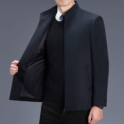 Heren Licht Luxe 100% Wollen Jas Herfst en Winter Nieuw Middenleeftijds Casual Effen Kleur Opstaande Kraag Wollen Jas Heren Jas 4XL black