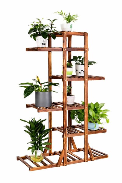 ITRONIQ - Plantenrek 6-Laags - Houten Plantenstandaard Binnen/Buiten - Bloemenrek - Plantentrap - Bloempot Rek 90x25x131 - Bruin