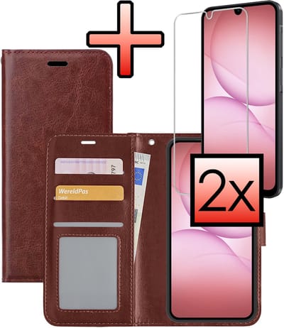 Hoesje - Met 2x Screenprotector - Geschikt voor Samsung Galaxy A17 - Luxe Pasjeshouder - Bookcase Portemonee - Flip Case - Kunstleer Book Case - Flipcase Hoes - Book Cover - Walletcase - Portemonneehoes - Bruin