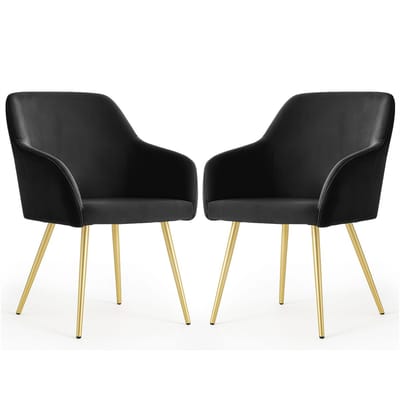 Set van 2 Eetkamerstoelen ESTELLE met Armleuningen / Gestoffeerde Stoelen / Fluwelen Stoelen en Metalen Poten / Zwart met gouden benen