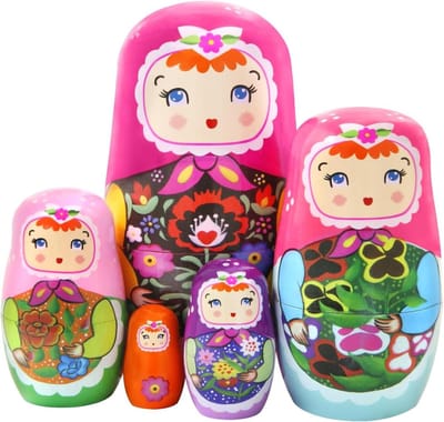 Cosensi - Houten Russische poppen set voor kinderen - Meisje met sjaal en bloemenmotieven - Stapelbaar - Kerstmis, verjaardag, woondecoratie - Cadeau