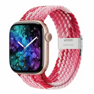 Gemengde kleur nylon horlogebandje geschikt voor Apple Watch dames en heren 38 mm / 40 mm / 41 mm / 42 mm (serie 10 / 11), elastisch gevlochten smartwatch bandje zonder gesp, roze tinten multicolor stretch vervangend horloge bandje