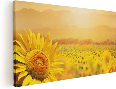 Artaza Canvas Schilderij Zonnebloem - 40x20 cm - Klein - Wanddecoratie Bloemenveld - Muurdecoratie Zonsondergang - Schilderijen Op Canvas