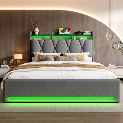 VVBV Gestoffeerd Bed met Opbergruimte 140x200 cm - Hydraulische Opbergruimte, LED-Verlichting - Grijs - Zonder Matras