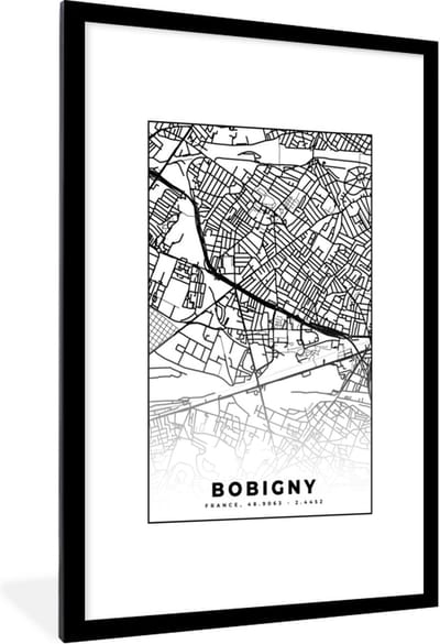 Fotolijst incl. Poster Zwart Wit- Stadskaart - Bobigny - Frankrijk - Kaart - Plattegrond - Zwart wit - 80x120 cm - Posterlijst