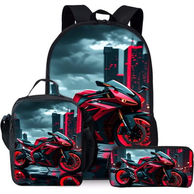 Coole Drie Delige Rugzakken Set met Motorprint voor Jongens en Meisjes Beste Cadeaus 2D Platte Cartoon Schooltas voor Kinderen black