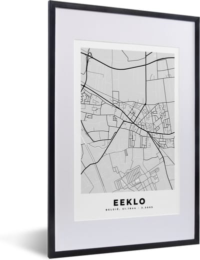 Fotolijst incl. Poster Zwart Wit- Kaart – Plattegrond – Stadskaart – Eeklo – België – Zwart Wit - 40x60 cm - Posterlijst